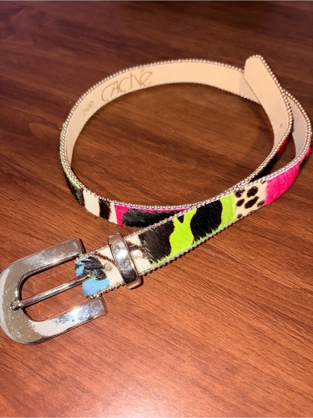 Cache 90s Y2K Rainbow Calf Hair Belt Mix Animal Print Beaded Edge Silver Buckle